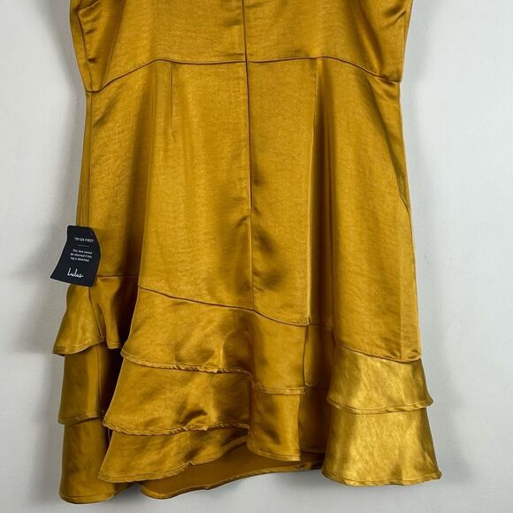 Lulu's Dream Come True Mustard Yellow Satin Ruffled Mini Dress Size XL NEW - Picture 11 of 12
